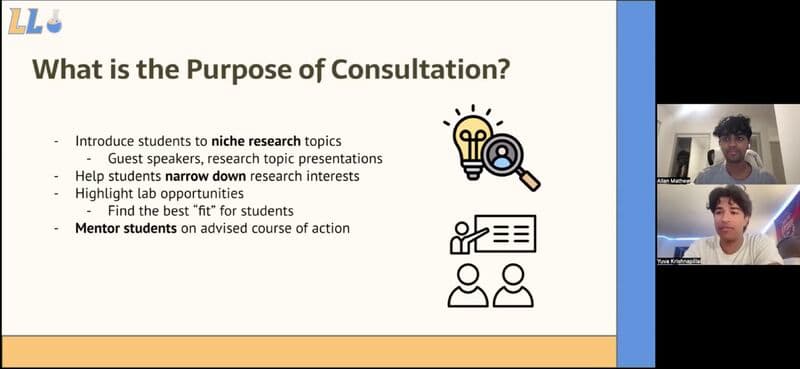 Two LabLink Education mentors leading an online one-to-one consultation about finding research opportunities